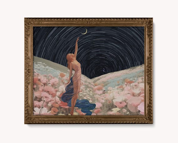 Vintage Moon Collage - Feminine Art - Canvas or Print - Aesthetic Vintage Moon and Woman Print