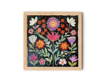 Folk Art Flowers - Colorful Folk Art Floral Print - Black Background