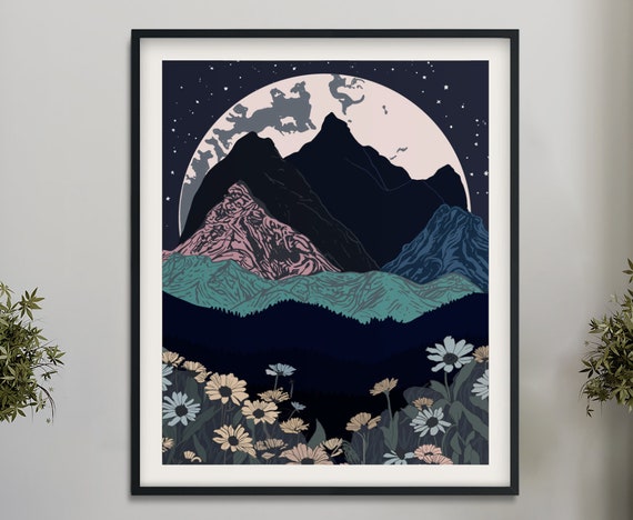 Painted Mountain Moon Poster: Ombre Landscape Art Print