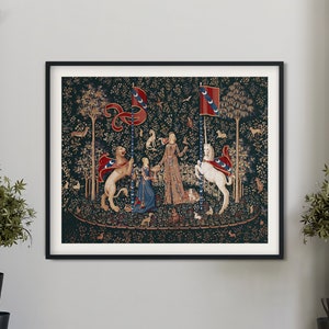 Medieval Unicorn Print - Taste - Lady with Unicorn Dark Green - Medieval Art - Flora - 1500s