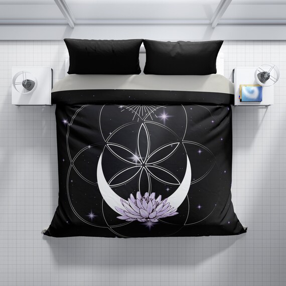 Wiccan Flower Of Life Black Duvet Cover Bedding Black And Etsy