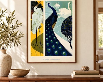 Art Nouveau Peacock Print, Vintage Swan and Heron Wall Art, Decorative Bird Poster