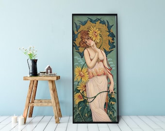 Art Nouveau Sunflower Woman Poster, 19x48 Inch Tall Botanical Wall Art with Birds