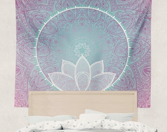 Lotus Mandala Tapestry Wall Hanging Art Meditation Yoga Buddha Hippie Pink and Blue