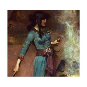 May include: An oil painting depicting a figure with dark hair in a blue tunic and a dark sash, holding a curved metallic tool. A small black bird stands near a glowing, light-coloured vertical element against a dark, textured background.