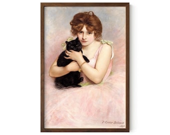 Girl with Black Cat Art Print | P. Carrier-Belleuse 1895 Portrait | Victorian Pink Dress Wall Art