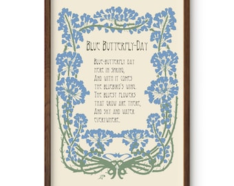 Blue Butterfly Day - Robert Frost Poem - Inspirational - Vintage Art Print Floral