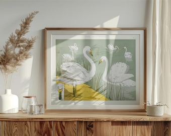 Stämningsfullt vintagetryck - Svanar - Nouveau Artwork - Ljusgrönt