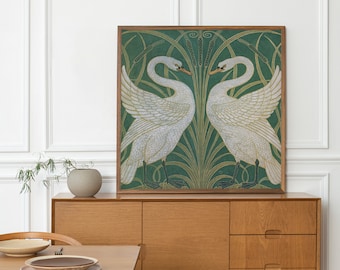 Art Nouveau Swans art print, Walter Crane - Vintage bird wall art, Swan painting - Cattails Print - Green and Beige