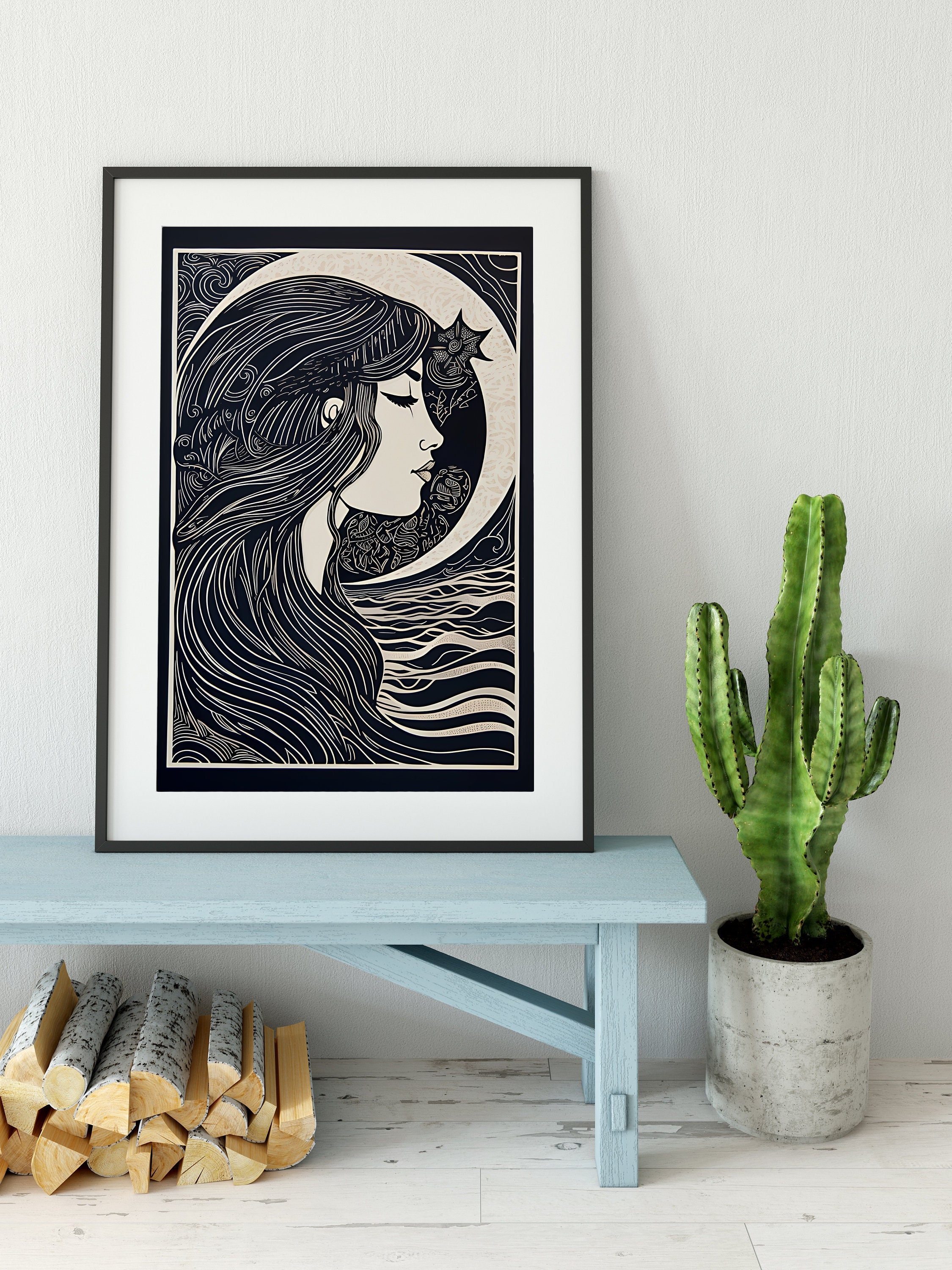 Moon Goddess Print: Black and White Bohemian Art - Etsy