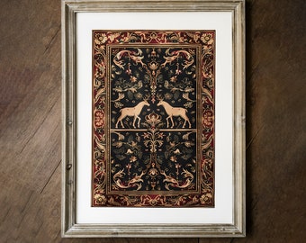 Medieval Deer Print - Vintage Rug Design - Dark Beige