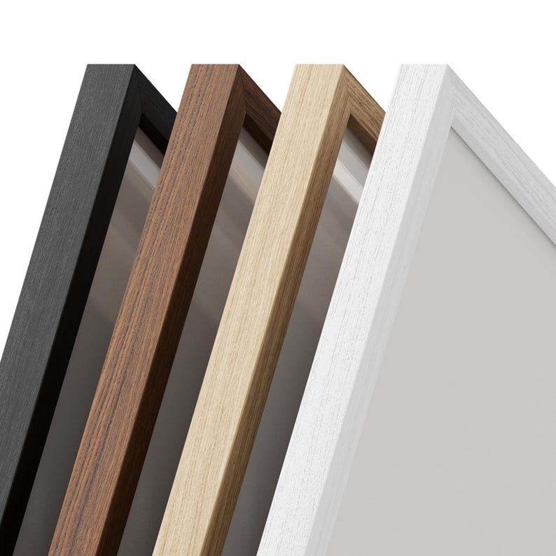 May include: A set of four rectangular picture frames arranged in a row, featuring distinct finishes including matte black, dark brown wood grain, light natural oak wood grain, and a clean white finish, each with a clear glass front panel.
