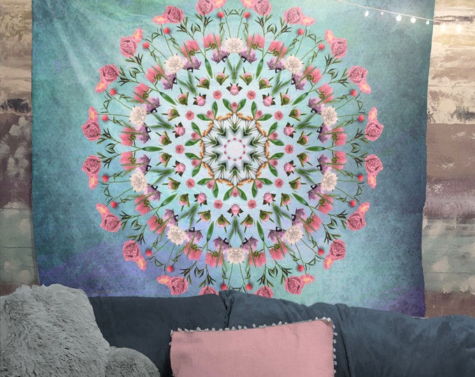 Real Flowers Mandala Tapestry Wall Hanging Meditation Yoga Grunge Hippie