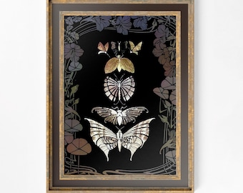 Art Nouveau Butterfly Poster -  Floral Print Bohemian Print - Mucha Inspired
