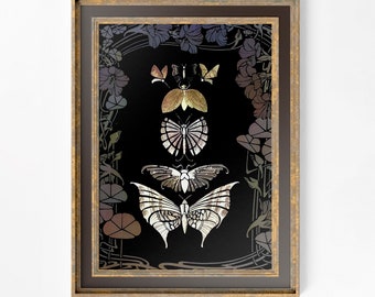 Póster de mariposa Art Nouveau - Estampado floral estilo boho - Inspirado en Mucha