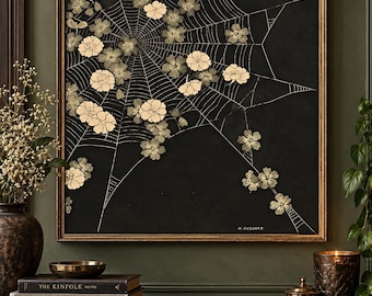Vintage Spider Web Botanical Print, Gothic Floral Wall Art (20x20 Inch)