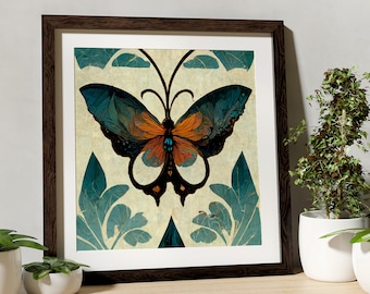 Butterfly Mandala Print - Art Nouveau - Flower Print Square