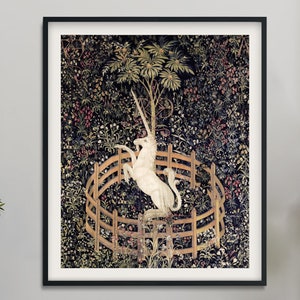 Medieval Unicorn Print - Floral Print - Unicorn Standing Print - Medieval Art - Flora - tapestries style on green background