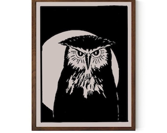 Vintage Owl Art Print - Nature Artwork - Black and Beige -