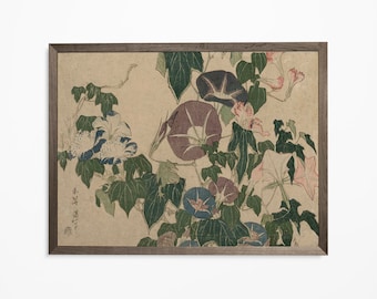 Japanese Morning Glories - Moody Floral - Dark Green and Purple - vintage Japan