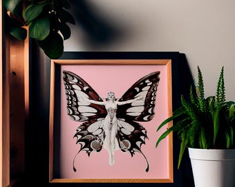 May include: Framed artwork featuring a woman with butterfly wings, set against a pink background. The butterfly wings are black and white, with a detailed design. The artwork is in a black frame with a wooden inner frame.