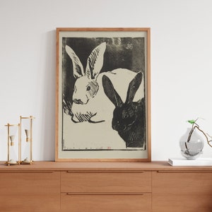 Vintage Rabbits Japanese Painting - Print - Beige and Gray - Art Nouveau Poster - Bunny Print - Bohemian Print
