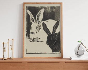 Vintage Rabbits Japanese Painting - Print - Beige and Gray - Art Nouveau Poster - Bunny Print - Bohemian Print