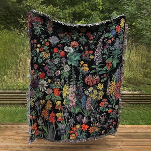 Adolphe Millot Woven - Black Background - Fleurs Floral Tapestry,  Woven Flower Throw - Vintage Flower Bohemian Blanket  - in Cotton