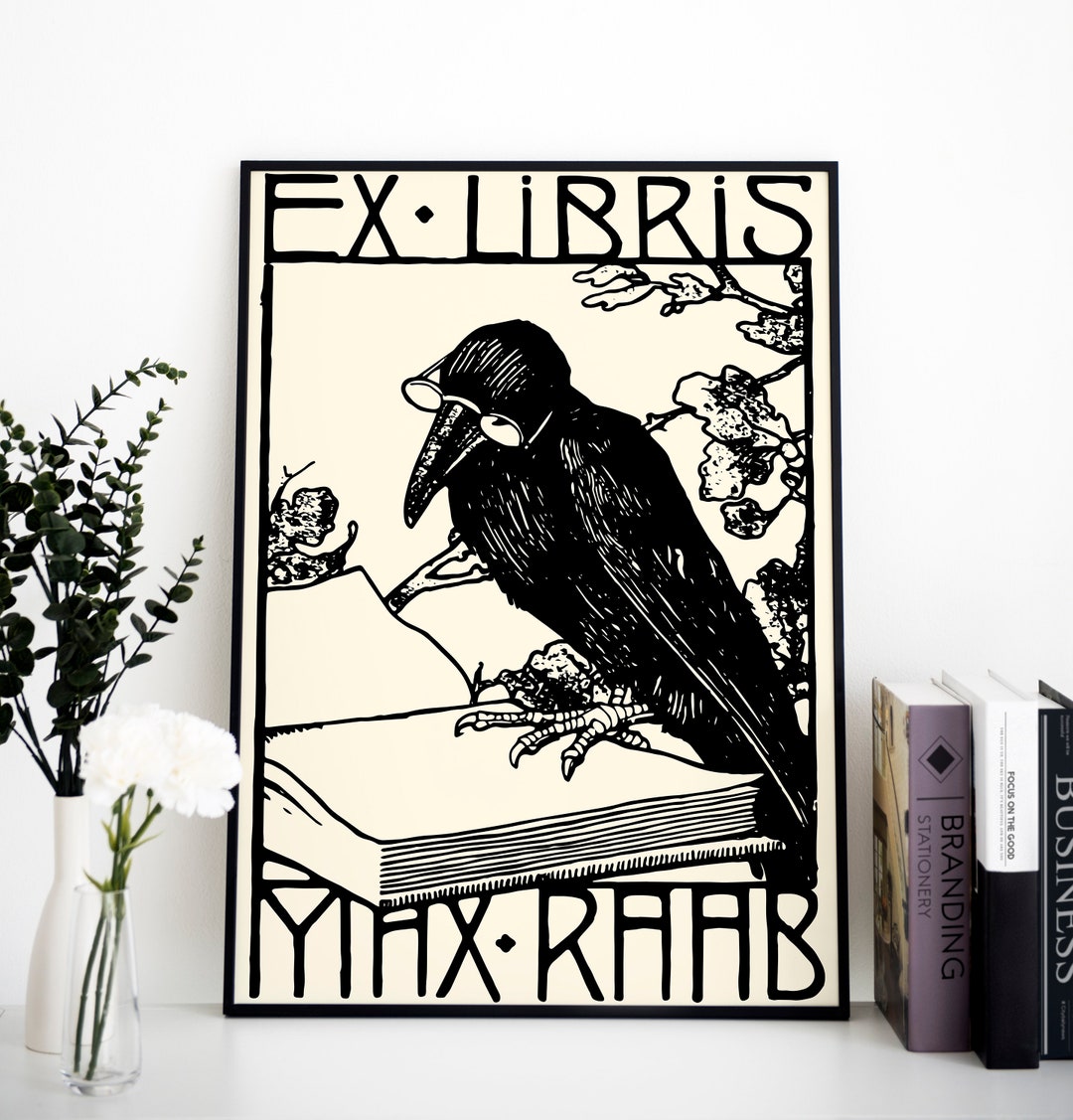 Vintage Bird Reading Print: Art Nouveau Crow Ex Libris Poster - Etsy
