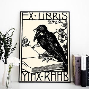 Bird Reading Vintage - Ex Libris - Crow - Art Nouveau Poster - Print Bohemian Print - Large Artwork - Black and Beige
