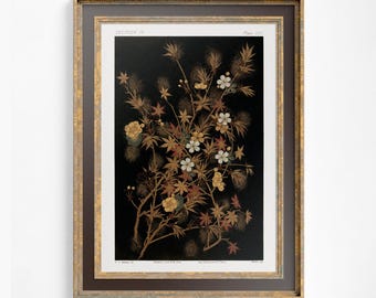 Floral Japanese Art Print: Moody Beige Gold Art Nouveau