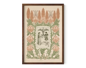 Two of Cups Art Nouveau Tarot Card Print: Beige Floral Vintage Poster
