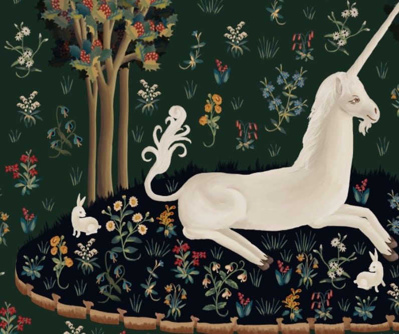 Medieval Unicorn Print Floral Print Bunnies Print - Etsy