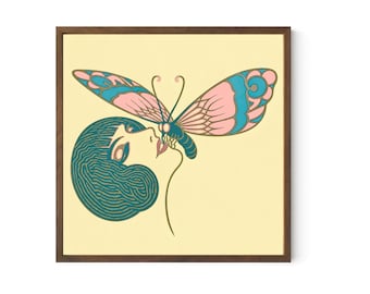 Art Nouveau Moth and Woman Print, Pink Teal Vintage Wall Art (20"x20")