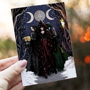 Tarjetas navideñas de Hécate - Tarjeta navideña de la diosa lunar - Tarjeta navideña pagana - Juego de 5 o 10 tarjetas