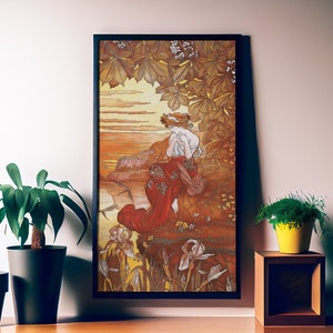 Impresión Art Nouveau - Póster Art Nouveau Impresión Boho Obra de arte grande - Rojo y naranja - Póster largo - Lucas, Hippolyte al borde del agua