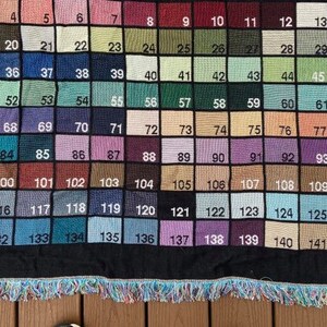 May include: A woven tapestry with a grid of 147 squares, each containing a different color. The squares are numbered from 1 to 147.