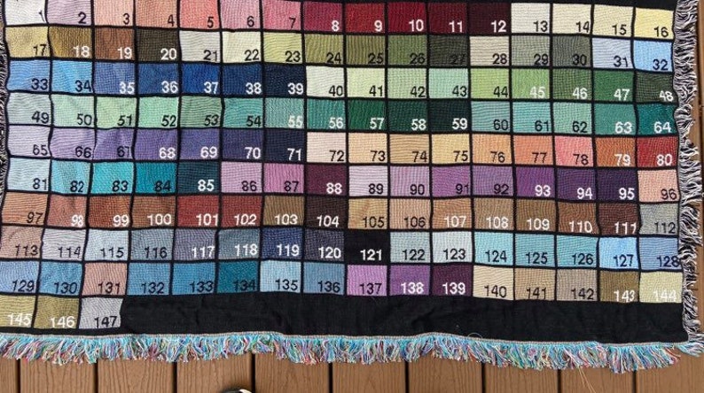 May include: A woven tapestry with a grid of 147 squares, each containing a different color. The squares are numbered from 1 to 147.