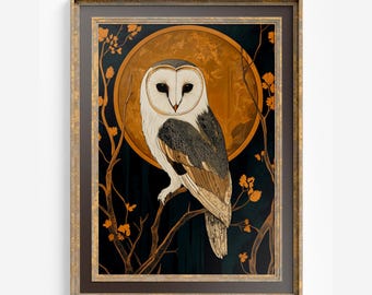 Owl and Moon Art Print: Vintage Illustration