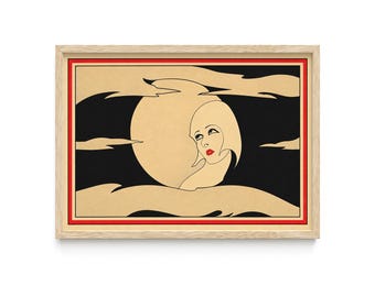 Art Deco Moon Woman Print, Vintage Celestial Portrait Poster, Black and Cream Wall Art