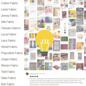Puede incluir: Un tablero de Pinterest con un icono de bombilla en el centro. El tablero est&aacute; lleno de im&aacute;genes de diferentes telas, incluyendo algod&oacute;n, lino, jersey, seda, lienzo, lycra, encaje, terciopelo, polialgod&oacute;n, crep&eacute;, tejido, sarga, sat&eacute;n y punto. El texto "This artist is dedicated! She emailed with me about what I was looking for and I was able to make some edits and changes as you should when ordering a custom item. The tapestry came in the mail rather quickly and was EXACTLY like it looked in the images shared with me. I highly recommend this artist" est&aacute; debajo del tablero.