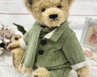 Handmade Mohair Teddy Bear, Harris Tweed Coat, Collectible Bear