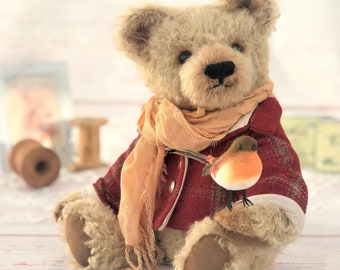 MADE TO ORDER:  Traditional Teddy Bear - "Isaac" with  Robin and Lewis Tartan Coat - Artist Bear