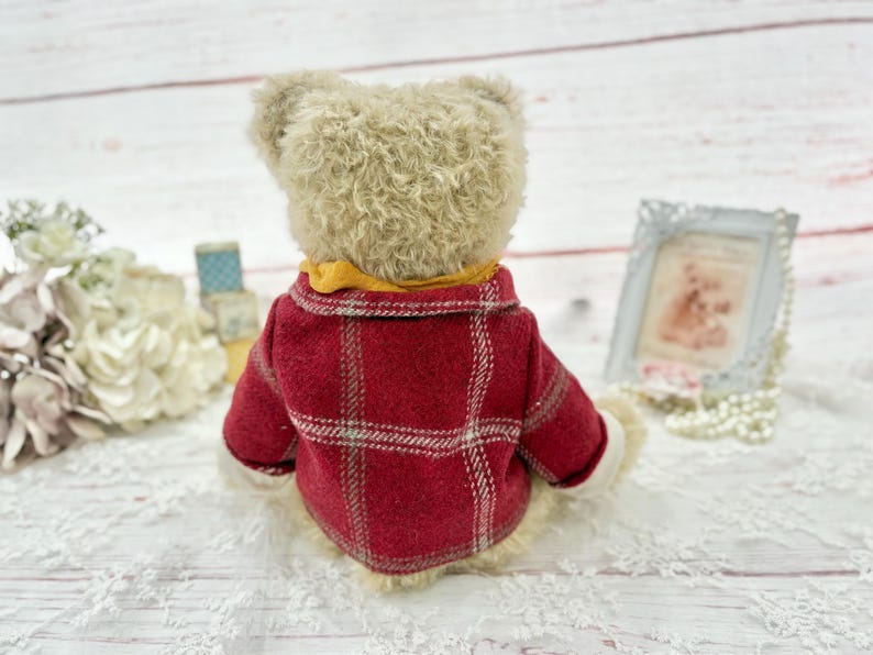 Handmade Mohair Teddy Bear: "Isaac" with Tartan Coat and Robin image 2
