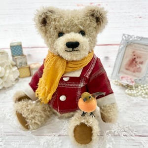 Handmade Mohair Teddy Bear: "Isaac" with Tartan Coat and Robin image 5