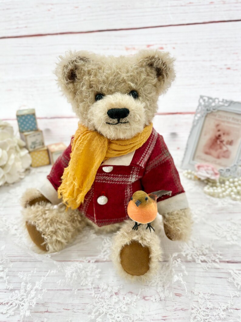 Handmade Mohair Teddy Bear: "Isaac" with Tartan Coat and Robin image 5