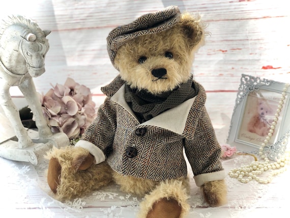 Large Vintage Mohair Bear - Frederick with genuine Harris Tweed Jacket and Flat Cap