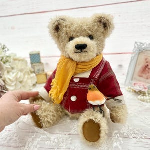Handmade Mohair Teddy Bear: "Isaac" with Tartan Coat and Robin image 4