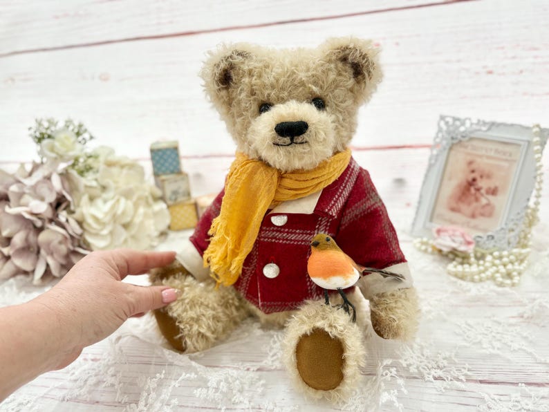 Handmade Mohair Teddy Bear: "Isaac" with Tartan Coat and Robin image 4