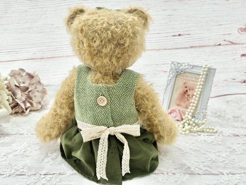 Handmade Mohair Bear: Vintage Style with handmade Harris Tweed Dress and free delivery image 3